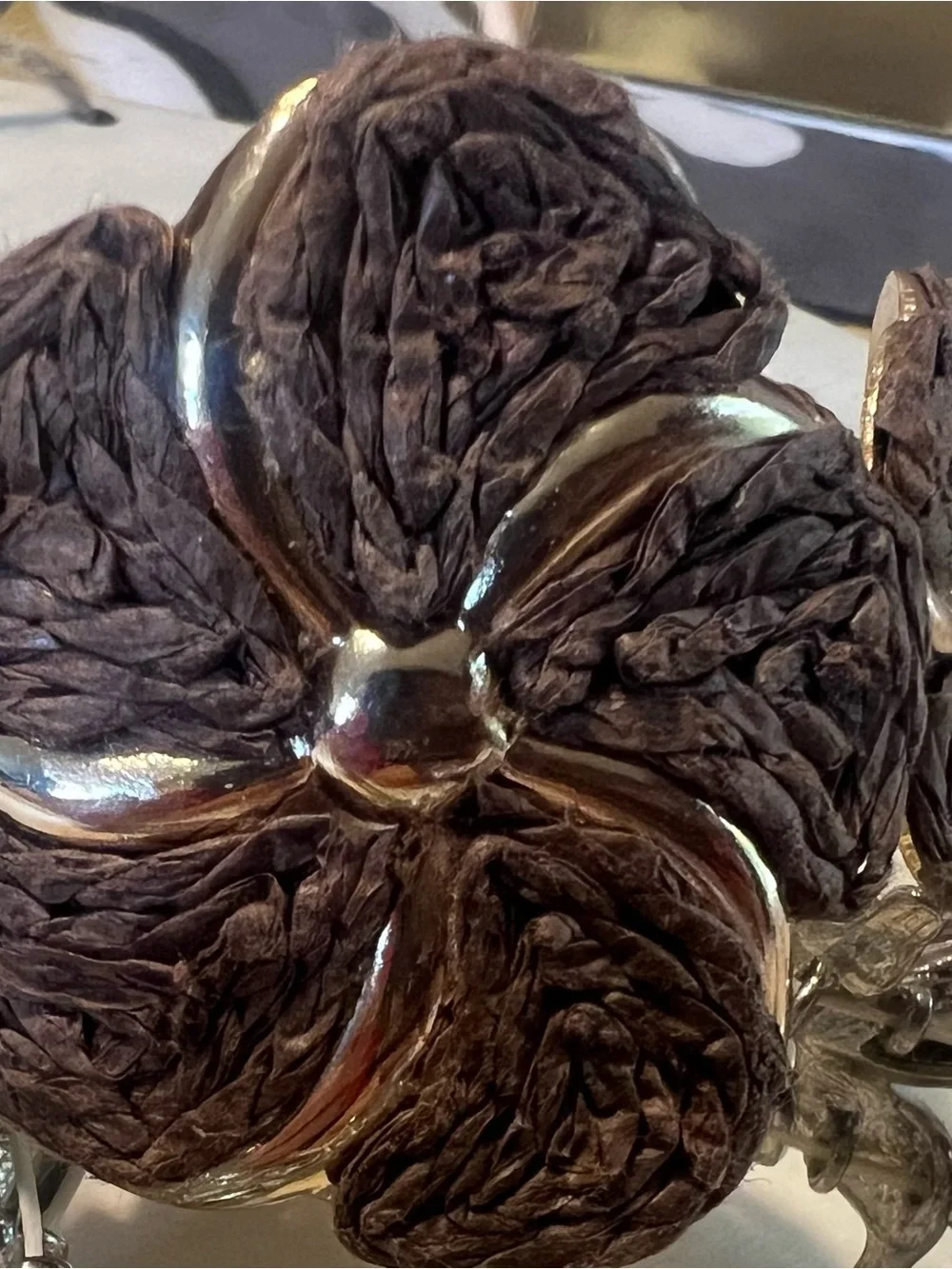 Brown Floral Cuff Bracelet with Gold Accents-Silver and Crystal stretch